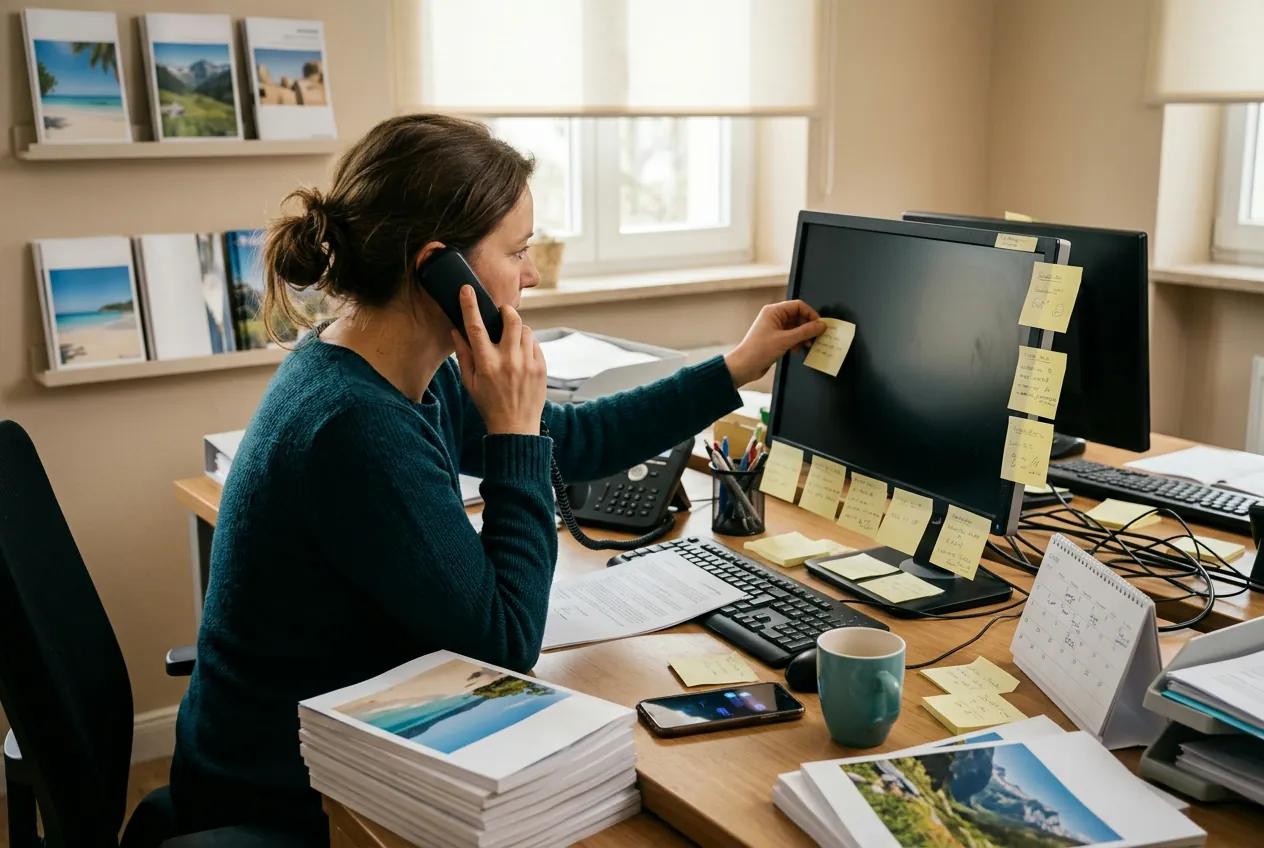 Montagmorgen im Reisebüro: Eine Mitarbeiterin telefoniert und klebt nebenbei einen Notizzettel an den Bildschirm, der schon voller Zettel hängt. Auf dem Schreibtisch liegen Kataloge, Ausdrucke und ein Handy mit neuen Nachrichten.